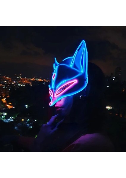 Yeşil LED Parlayan Maske - Dokuz Kuyruklu Tilki/tenko/sky Fox/kitsune/japon Tilki Tasarımı - Edm, Rave, Maskeli Balo, Müzik Festivali (Mavi) (Yurt Dışından) indirimleri