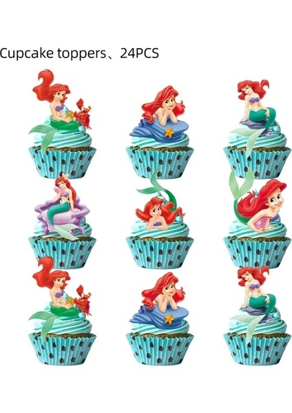Kek Topper 24 Adet Disney Denizkızı Prenses Parti Malzemeleri Dekorasyon Balon Çocuk Oyuncakları Bebek Duş Doğum Günü Tek Kullanımlık Bardak Plaka Ariel Arka Planında (Yurt Dışından)