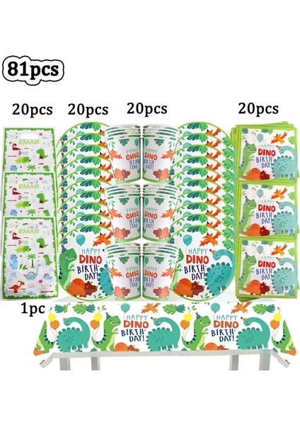 BPLZZ-81PCS Dinozor Tema Boys Doğum Günü Partisi Dekorasyon Şekeri Tek Kullanımlık Sofra Seti Bardak Plaka Orman Dekorasyon Bebek Duş Malzemeleri (Yurt Dışından)