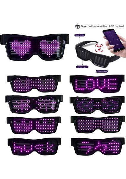 Pembe Manuel-Uygulama Kontrolü Yok Bluetooth LED Parti Gözlükleri Özelleştirilmiş Diller USB Şarjı Yanıp Sönen Işıklı Gözlük Noel Konseri Güneş Gözlüğü (Yurt Dışından)