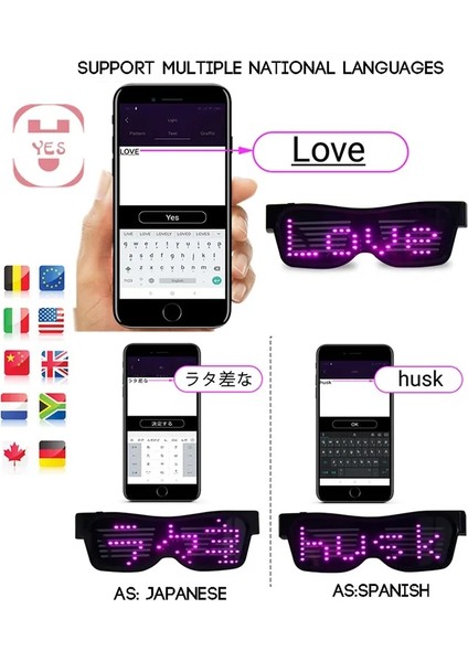 Pembe Manuel-Uygulama Kontrolü Yok Bluetooth LED Parti Gözlükleri Özelleştirilmiş Diller USB Şarjı Yanıp Sönen Işıklı Gözlük Noel Konseri Güneş Gözlüğü (Yurt Dışından)