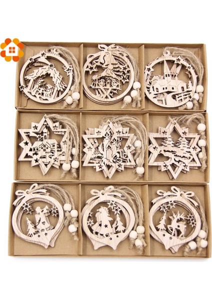 Kutu Tipi U 12 Adet/kutu Vintage Hollow Noel Ahşap Kolye Süsler Noel Partisi Süslemeleri Noel Ağacı Süsler Asılı Hediyeler (Yurt Dışından)
