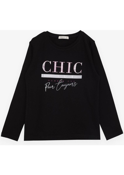 Kız Çocuk Uzun Kollu Tişört Simli Yazı Baskılı 9-14 Yaş, Siyah