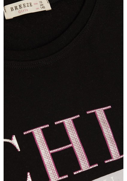 Kız Çocuk Uzun Kollu Tişört Simli Yazı Baskılı 9-14 Yaş, Siyah modelleri