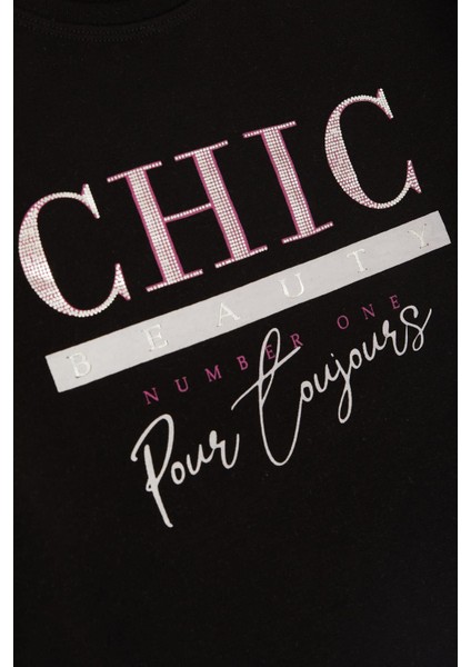 Kız Çocuk Uzun Kollu Tişört Simli Yazı Baskılı 9-14 Yaş, Siyah fırsatları