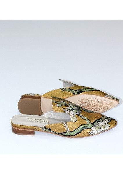 Ipek- Deri Kadın Terlik | Kösele Taban | Gold Van Gogh Badem Ağacı
