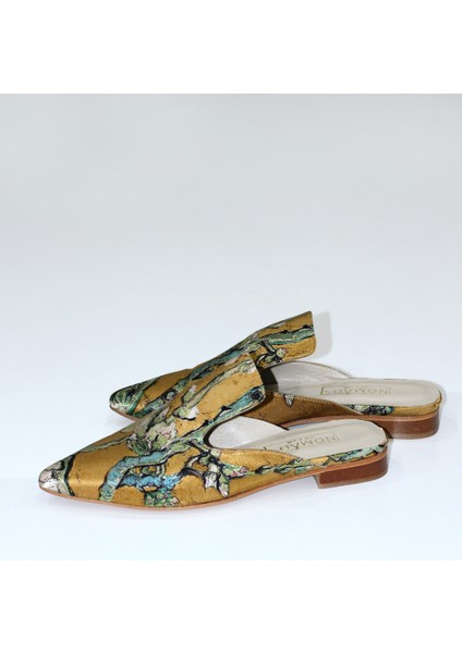 Ipek- Deri Kadın Terlik | Kösele Taban | Gold Van Gogh Badem Ağacı fiyatları