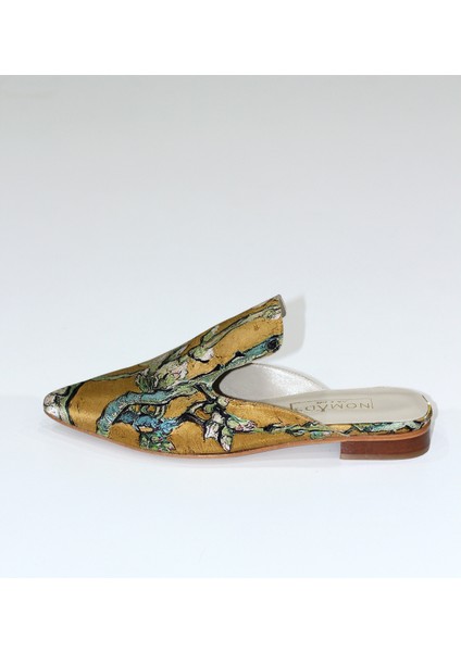 Ipek- Deri Kadın Terlik | Kösele Taban | Gold Van Gogh Badem Ağacı modelleri