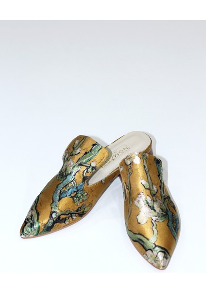 Ipek- Deri Kadın Terlik | Kösele Taban | Gold Van Gogh Badem Ağacı indirimleri