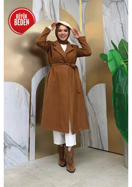 Büyük Beden Bel Kuşaklı Astarlı Kaşe Kaban 7519-1 Taba