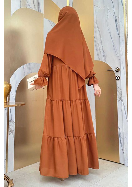 Kol Lastikli Kat Görünümlü Abayalı Elbise Takım 3859 Taba modelleri