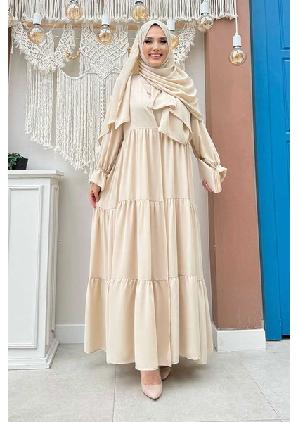 Kol Lastikli Kat Görünümlü Abayalı Elbise Takım 3859 Taş