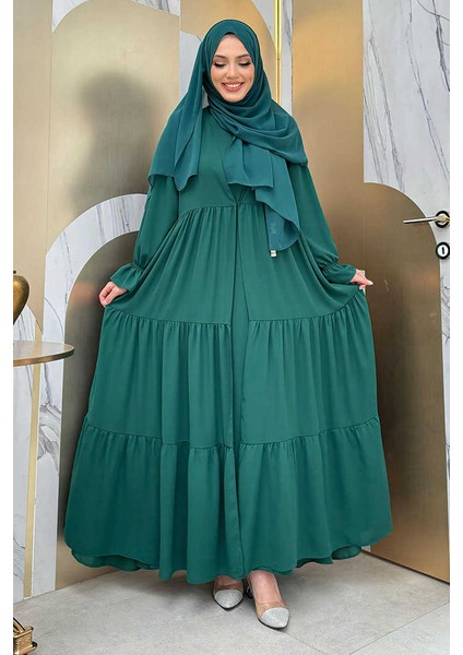 Kol Lastikli Kat Görünümlü Abayalı Elbise Takım 3859 Zümrüt