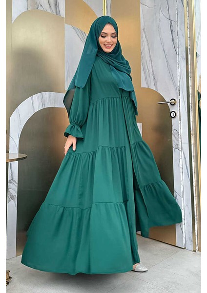 Kol Lastikli Kat Görünümlü Abayalı Elbise Takım 3859 Zümrüt fiyatları