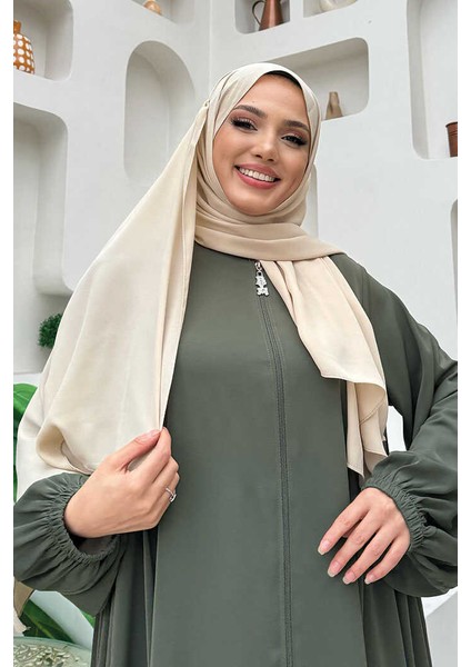 Oval Büzgülü Kol Manşetleri Lastikli Fermuarlı Tam Boy Ferace Bym5 Haki fırsatları