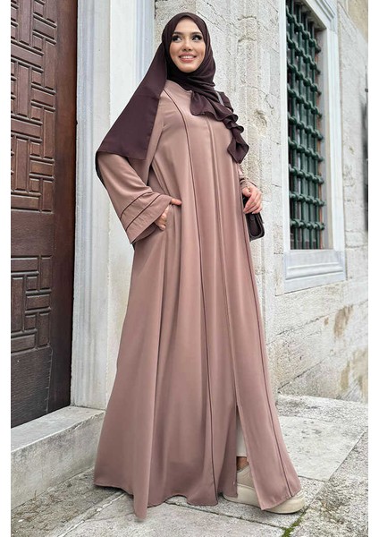 Çizgi Detaylı Boydan Fermuarlı Tam Boy Ferace BYM11 Vizon