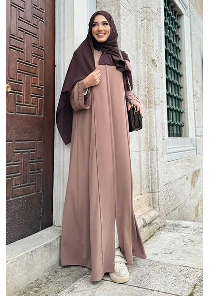 Çizgi Detaylı Boydan Fermuarlı Tam Boy Ferace BYM11 Vizon fiyatları