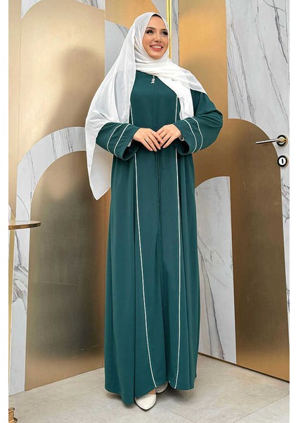 Çizgi Detaylı Boydan Fermuarlı Tam Boy Ferace BYM11 Zümrüt
