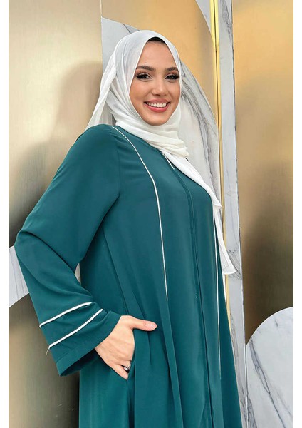 Çizgi Detaylı Boydan Fermuarlı Tam Boy Ferace BYM11 Zümrüt modelleri