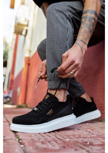Bağcıklı Süet Ortopedik Yüksek Taban Siyah (Beyaz ) Erkek Günlük Sneaker Ayakkabı