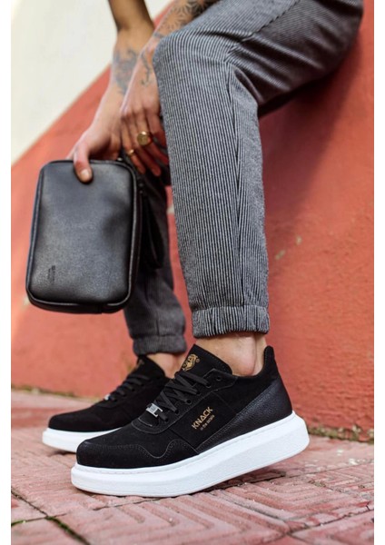 Bağcıklı Süet Ortopedik Yüksek Taban Siyah (Beyaz ) Erkek Günlük Sneaker Ayakkabı