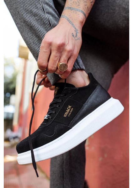 Bağcıklı Süet Ortopedik Yüksek Taban Siyah (Beyaz ) Erkek Günlük Sneaker Ayakkabı