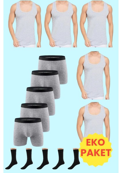 Erkek 15 Parça Ekonomik Paket Atlet Boxer ve Çorap Takımı 5 Atlet 5 Boxer 5 Çift Çorap