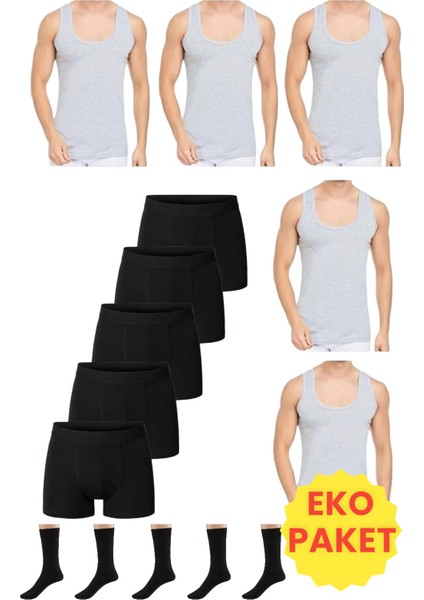 Erkek 15 Parça Ekonomik Paket Atlet Boxer ve Çorap Takımı 5 Atlet 5 Boxer 5 Çift Çorap