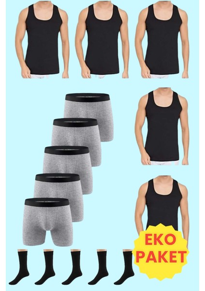 Erkek 15 Parça Ekonomik Paket Atlet Boxer ve Çorap Takımı 5 Atlet 5 Boxer 5 Çift Çorap