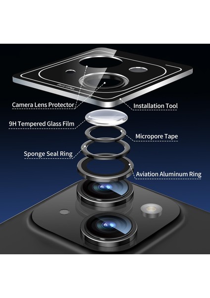 Apple iPhone 15 Uyumlu Safir Kamera Lens Koruyucu Orijinal Kenarı Çıkıntılı Model Uygulama Aparatlı