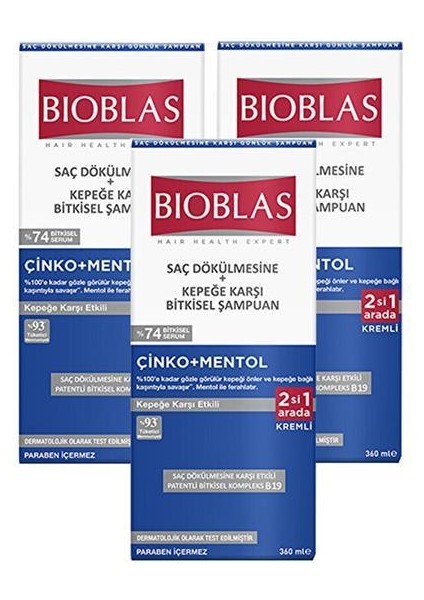 Bioblas zinc Mentol Saç Dökülmesine Ve Kepeğe Karşı Etkili Şampuan 360 Ml X 3 Adet