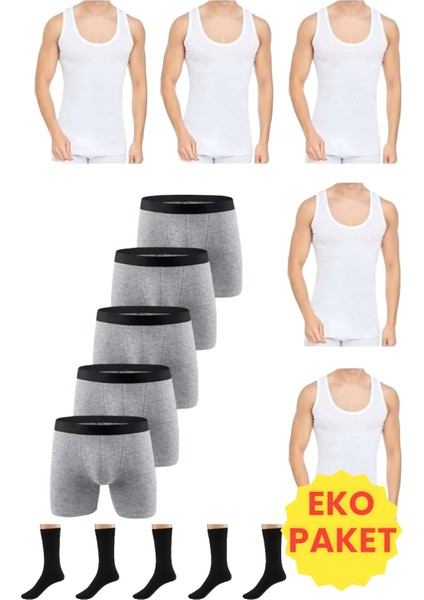 Erkek 15 Parça Ekonomik Paket Atlet Boxer ve Çorap Takımı 5 Atlet 5 Boxer 5 Çift Çorap