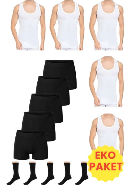 Erkek 15 Parça Ekonomik Paket Atlet Boxer ve Çorap Takımı 5 Atlet 5 Boxer 5 Çift Çorap