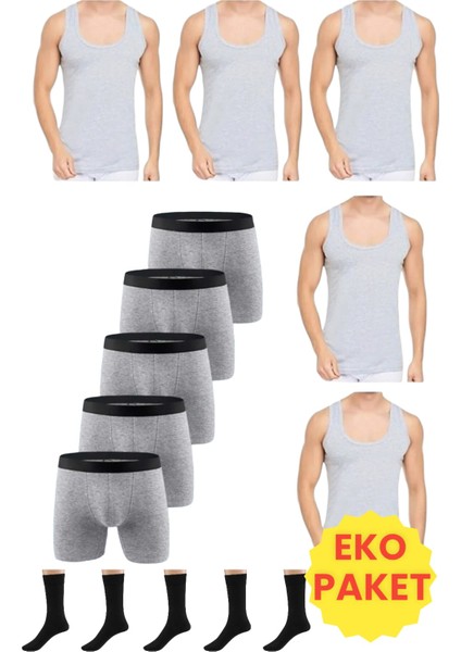 Erkek 15 Parça Ekonomik Paket Atlet Boxer ve Çorap Takımı 5 Atlet 5 Boxer 5 Çift Çorap