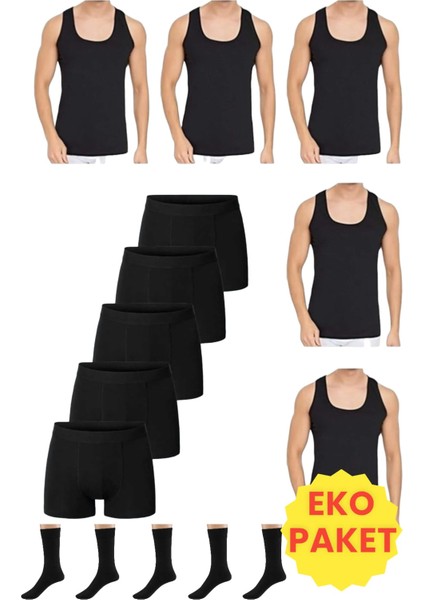 Erkek 15 Parça Ekonomik Paket Atlet Boxer ve Çorap Takımı 5 Atlet 5 Boxer 5 Çift Çorap