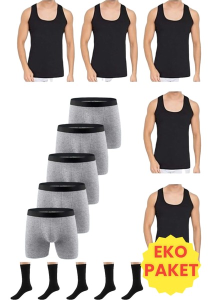 Erkek 15 Parça Ekonomik Paket Atlet Boxer ve Çorap Takımı 5 Atlet 5 Boxer 5 Çift Çorap