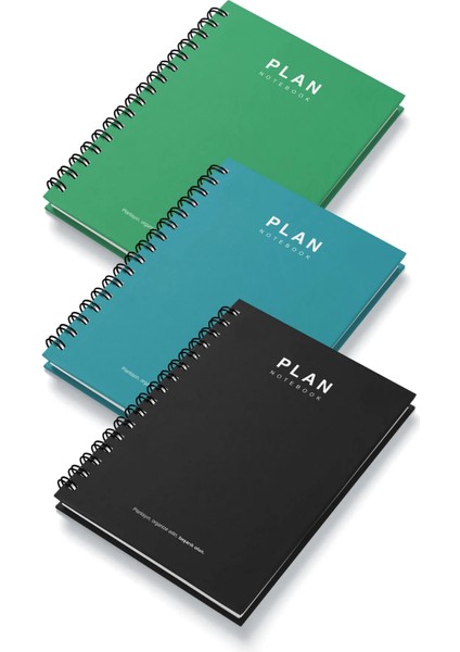 Deep Notebook 3'lü Set Süresiz Planlayıcı Ajanda A5 Spiralli Siyah Turkuaz Yeşil Renk Tasarım