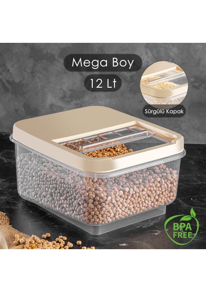 12 Lt Mega Boy Kayar Kapaklı Un Bakliyat Saklama Kabı - Multibox Çay Şeker Saklama Kutusu Krem