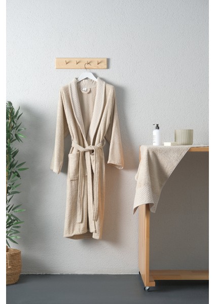 Tuwa Unisex Pamuklu XL Beden Tekli Bornoz Seti - Bej