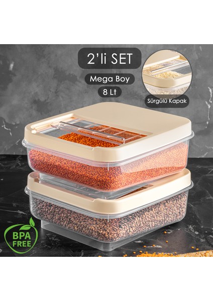 2 Adet 8 Lt - Multibox Kayar Kapaklı Erzak Saklama Kabı - Çok Amaçlı Düzenleyici Saklama Kutusu Krem