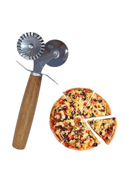 Buffer&reg; Ahşap Saplı 2li Hamur Kesme Ruleti Düz ve Dalgalı Pizza Börek Kesici Aparatı