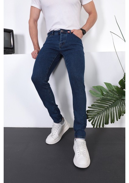 Erkek Mavi Slim Fit Dar Kesim Pamuklu Likralı Esnek Denim Jean Erkek Kot Pantolon