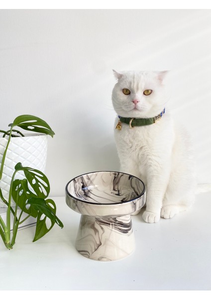 Seramik Kedi ve Köpek Mama Su Kabı Siyah Çizgili Ebru Desen M2