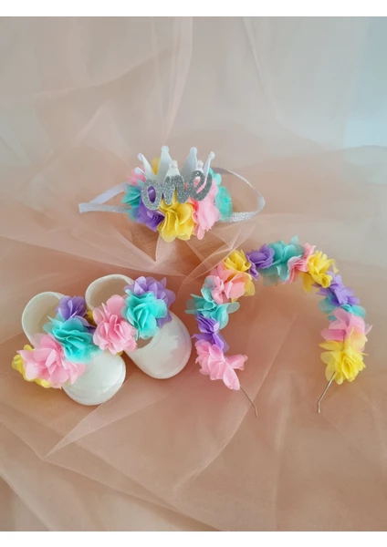 Fluffy Dreams Unicorn Renkli Lazer Çiçekli 1 Yaş Doğum Günü Parti Anne Kız 3'lü Set