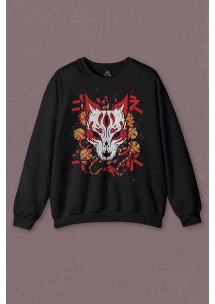 Unisex Sweatshirt Kitsune Mask Japanese Japon Kültür Baskılı Sweatshirt