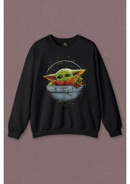 Unisex Sweatshirt Baby On Board Yoda Star Wars Yeşil Çocuk Mandalorian Baskılı Sweatshirt