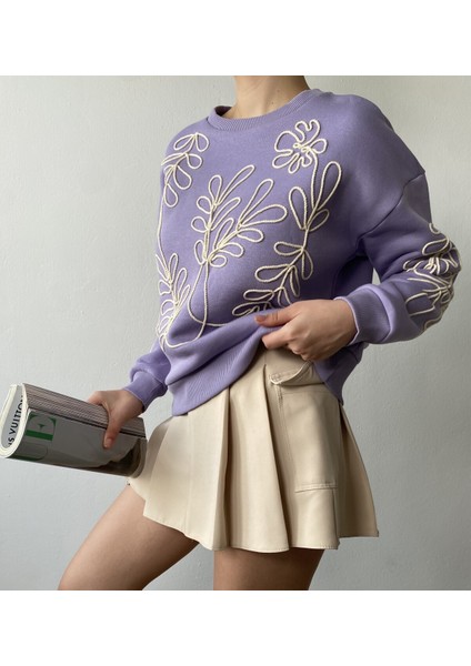 Lila Nakışlı Kısa Sweatshirt 26071