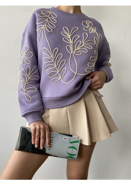 Lila Nakışlı Kısa Sweatshirt 26071 indirimleri