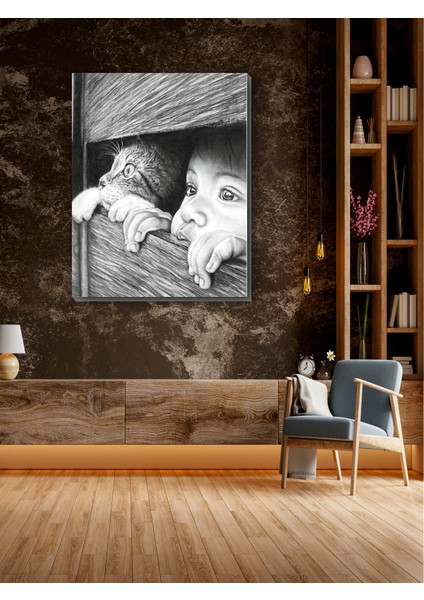En Iyi Arkadaşım Kedi ve Çocuk Kanvas Tablo Minimalist Dekoratif Soyut Modern