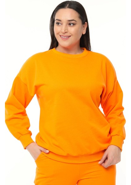 Kadın Büyük Beden Basıc Şardonlu Turuncu Sweatshirt